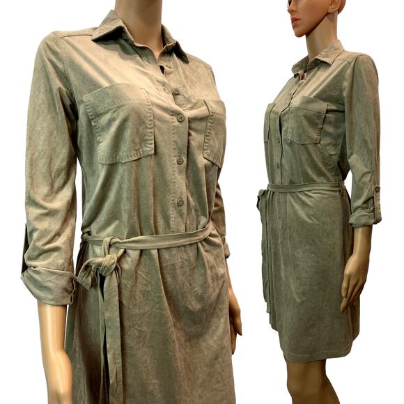 Max Studio Soft Ultra Suede Shirt Dress Tie Belt | Khaki Tan | XS - Picture 4 of 10